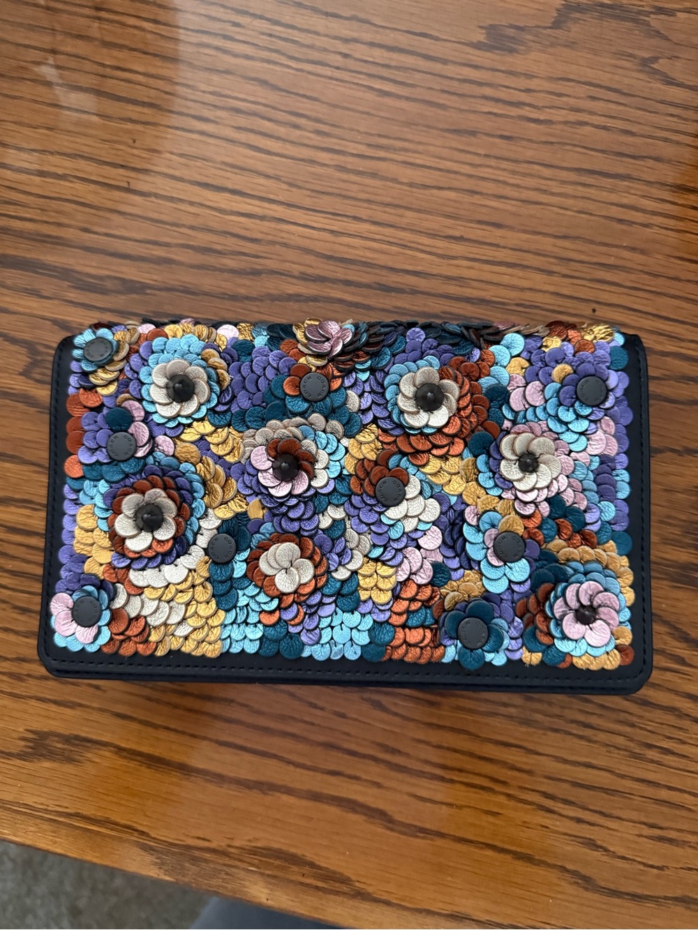 Coach Multicolor Floral Appliqué Card Holder - Blue, Purple, Teal, Gold, Tan